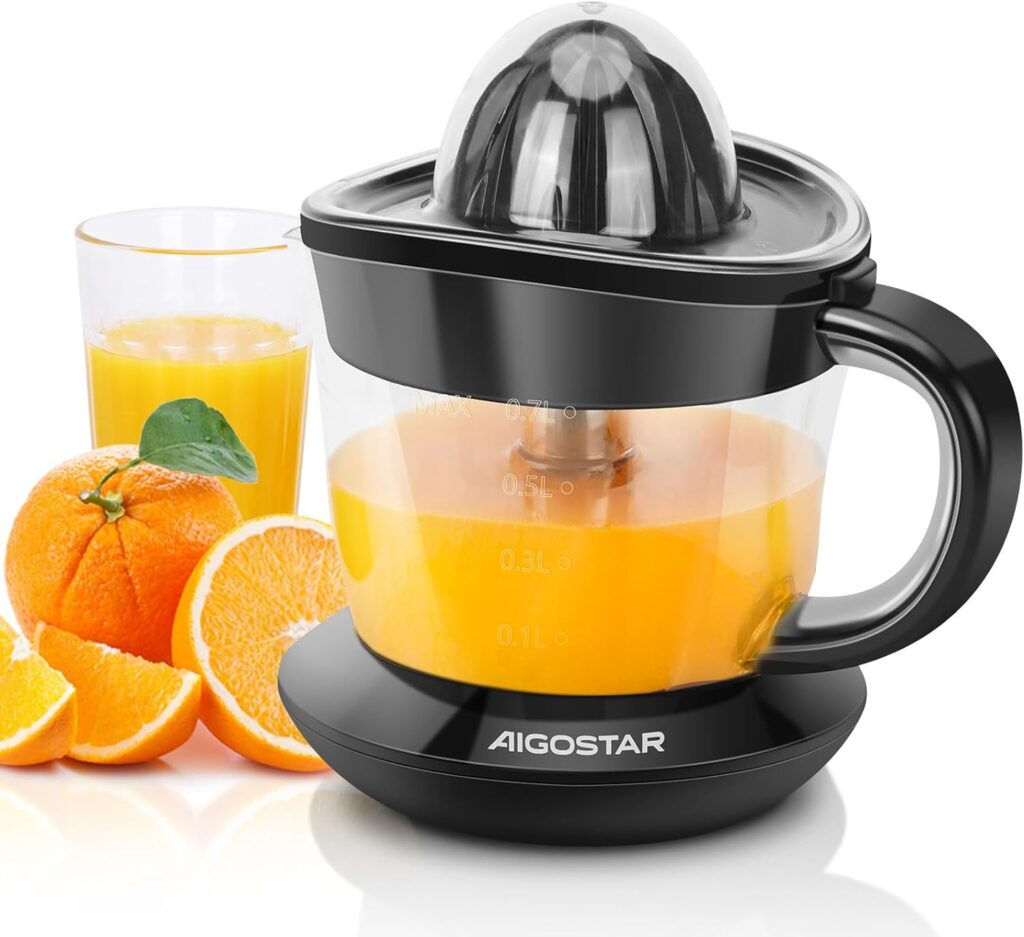 Aigostar Orange Juicer Electric Citrus Juicer, 700ml Bowl with Scale, 2 Citrus Cones, Tow Way Rotation, Filter, Lemon Juicer for Orange Lime Lemon Grapefruit, Black - Percy 30AQ0