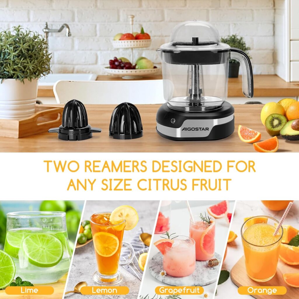 Aigostar Orange Juicer Electric Citrus Juicer, 700ml Bowl with Scale, 2 Citrus Cones, Tow Way Rotation, Filter, Lemon Juicer for Orange Lime Lemon Grapefruit, Black - Percy 30AQ0