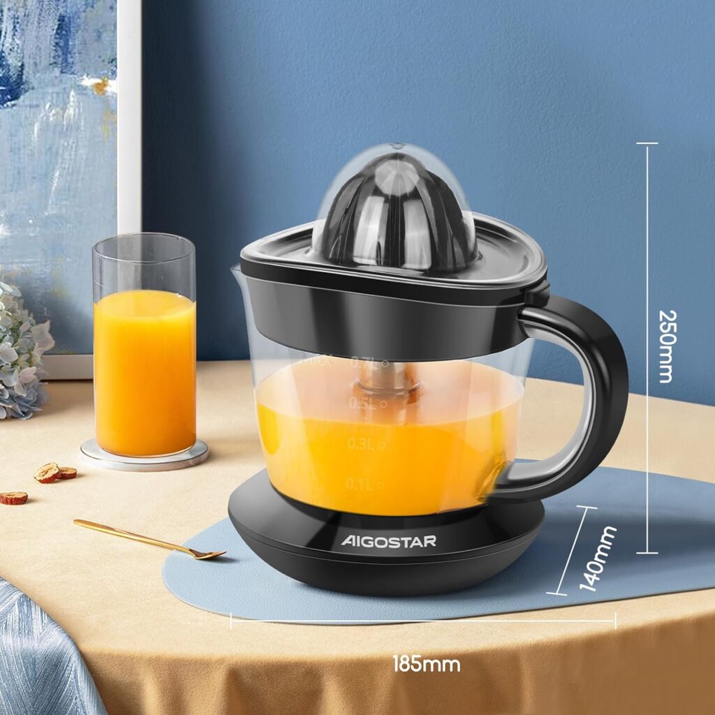 Aigostar Orange Juicer Electric Citrus Juicer, 700ml Bowl with Scale, 2 Citrus Cones, Tow Way Rotation, Filter, Lemon Juicer for Orange Lime Lemon Grapefruit, Black - Percy 30AQ0