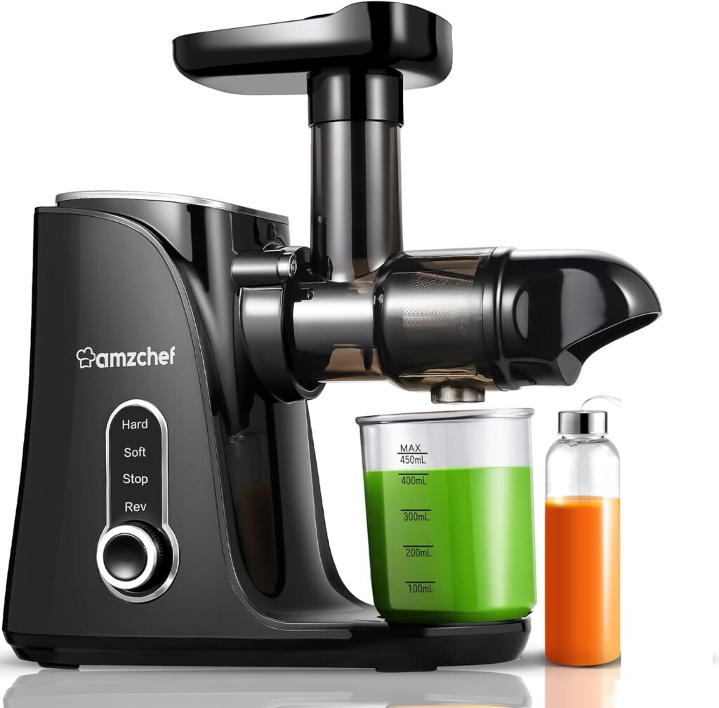 AMZCHEF Cold Press Juicer with 2 Speed Control - High Juice Yield Juicer Machines with Ultradense Filter - Masticating Slow Juicer for Whole Fruit and Vegetable - 1 Bottle and 2 Cups - Black [Energy Class A+++]