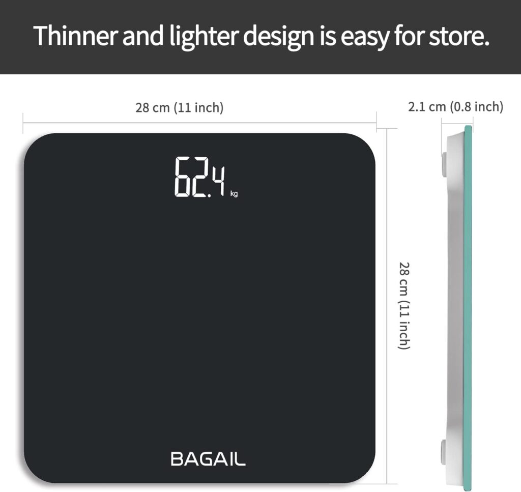 BAGAIL Bathroom Scale, Digital Weighing Scale with High Precision Sensors and Tempered Glass, Ultra Slim, Step-on Technology, Shine-Through Display - 15Yr Guarantee - Black