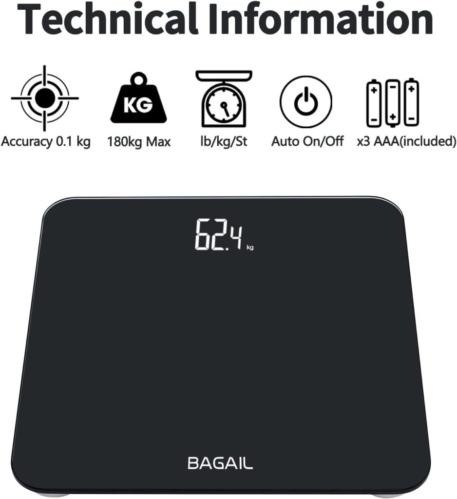 BAGAIL Bathroom Scale, Digital Weighing Scale with High Precision Sensors and Tempered Glass, Ultra Slim, Step-on Technology, Shine-Through Display - 15Yr Guarantee - Black