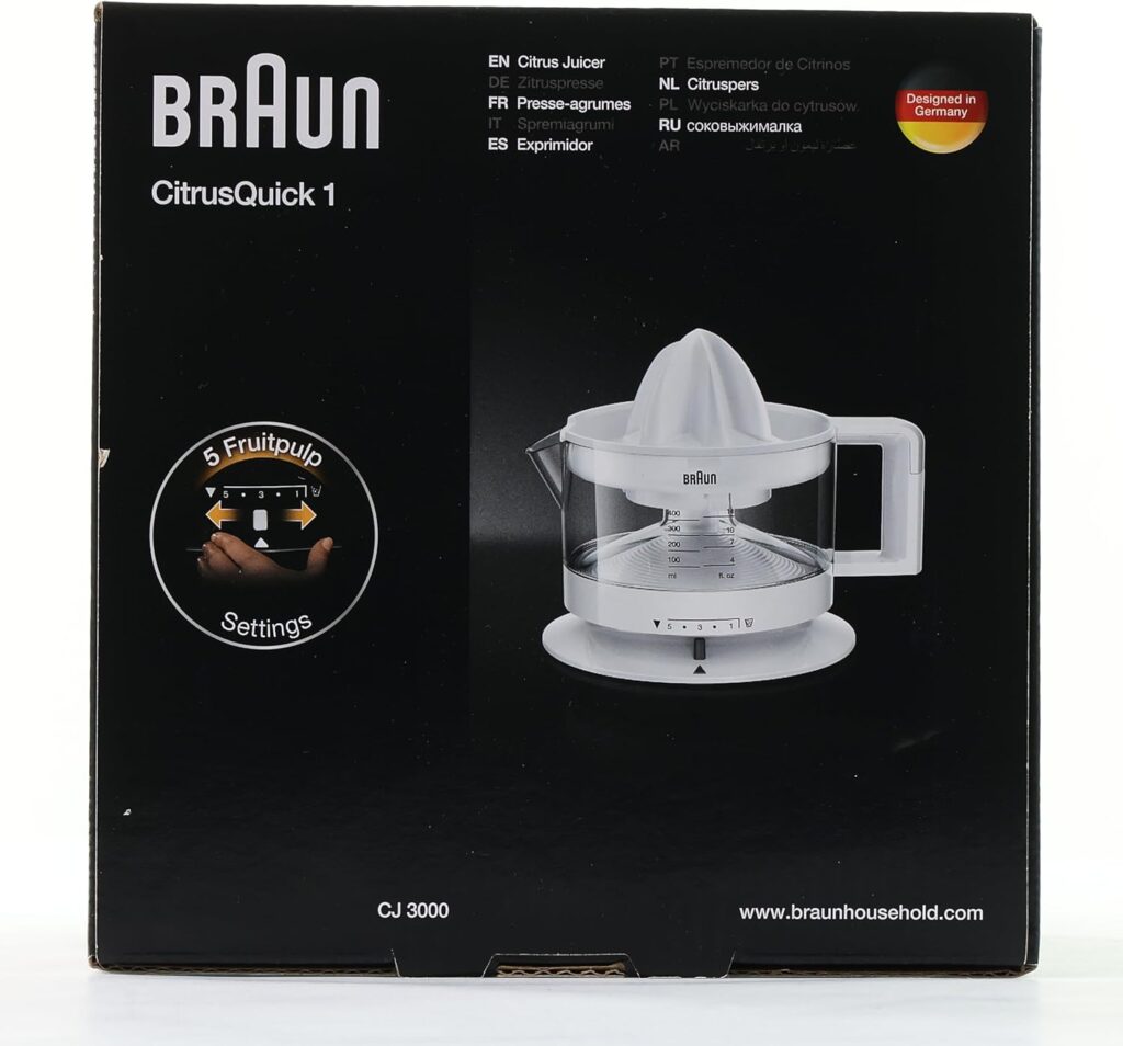 Braun CJ3000 Electric Citrus Press, 350 ml bowl with scale, adjustable pulp control, automatic start/stop, cable storage - White [Energy Class A]