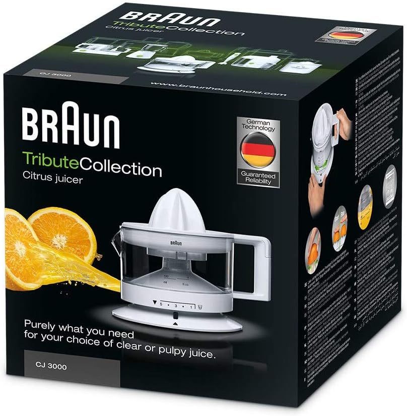 Braun CJ3000 Electric Citrus Press, 350 ml bowl with scale, adjustable pulp control, automatic start/stop, cable storage - White [Energy Class A]