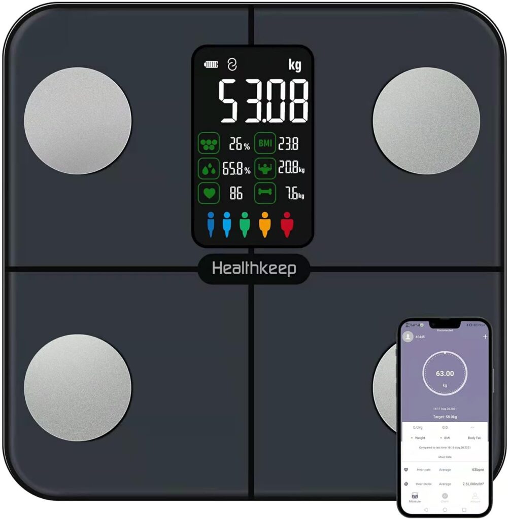 Healthkeep Body Fat Scale with Large VA Display, 15 Body Datas with Heart Rate, Smart Weight Scale Compatible with iOS Android, Max 400lb/180kg, 28cm，Bleu