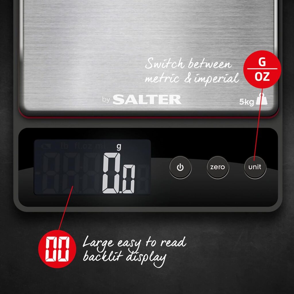 Heston Blumenthal Precision by Salter 1140A HBBKDR Digital Kitchen Scales - Premium Precision Bakers/Chef Scale, For Weighing Food/Coffee And Liquid, 0.5 g Increments, Slim, Stainless Steel/Black