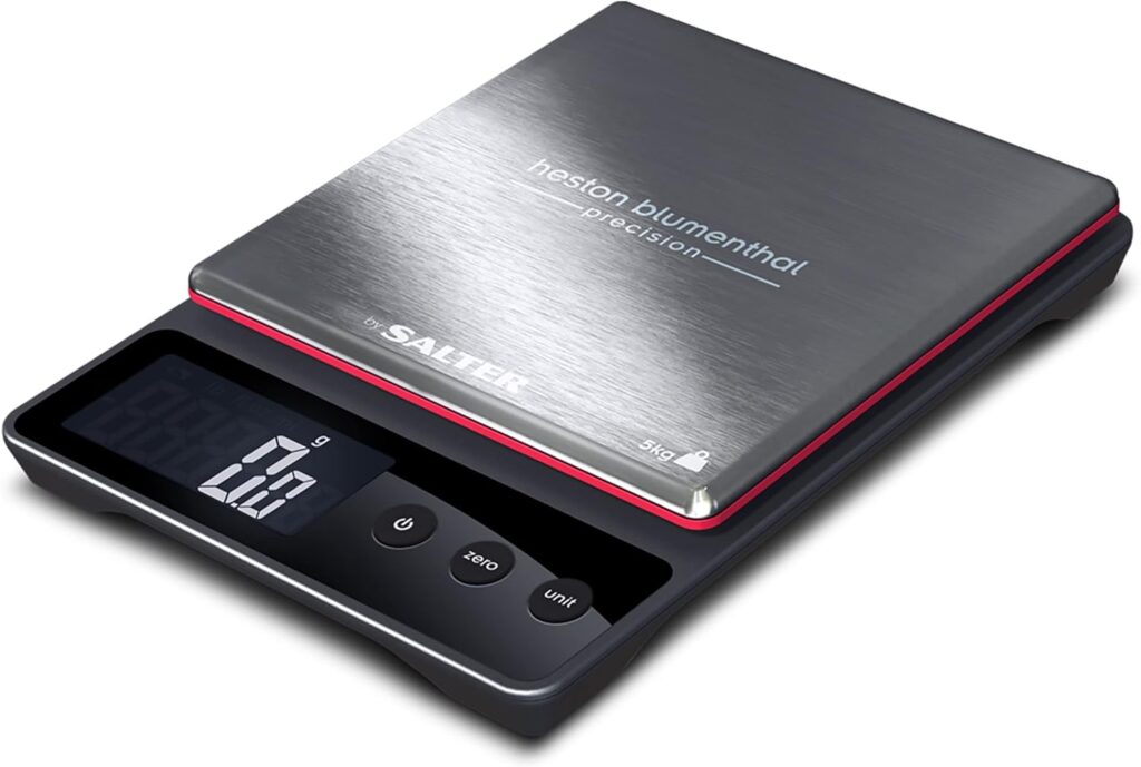 Heston Blumenthal Precision by Salter 1140A HBBKDR Digital Kitchen Scales - Premium Precision Bakers/Chef Scale, For Weighing Food/Coffee And Liquid, 0.5 g Increments, Slim, Stainless Steel/Black