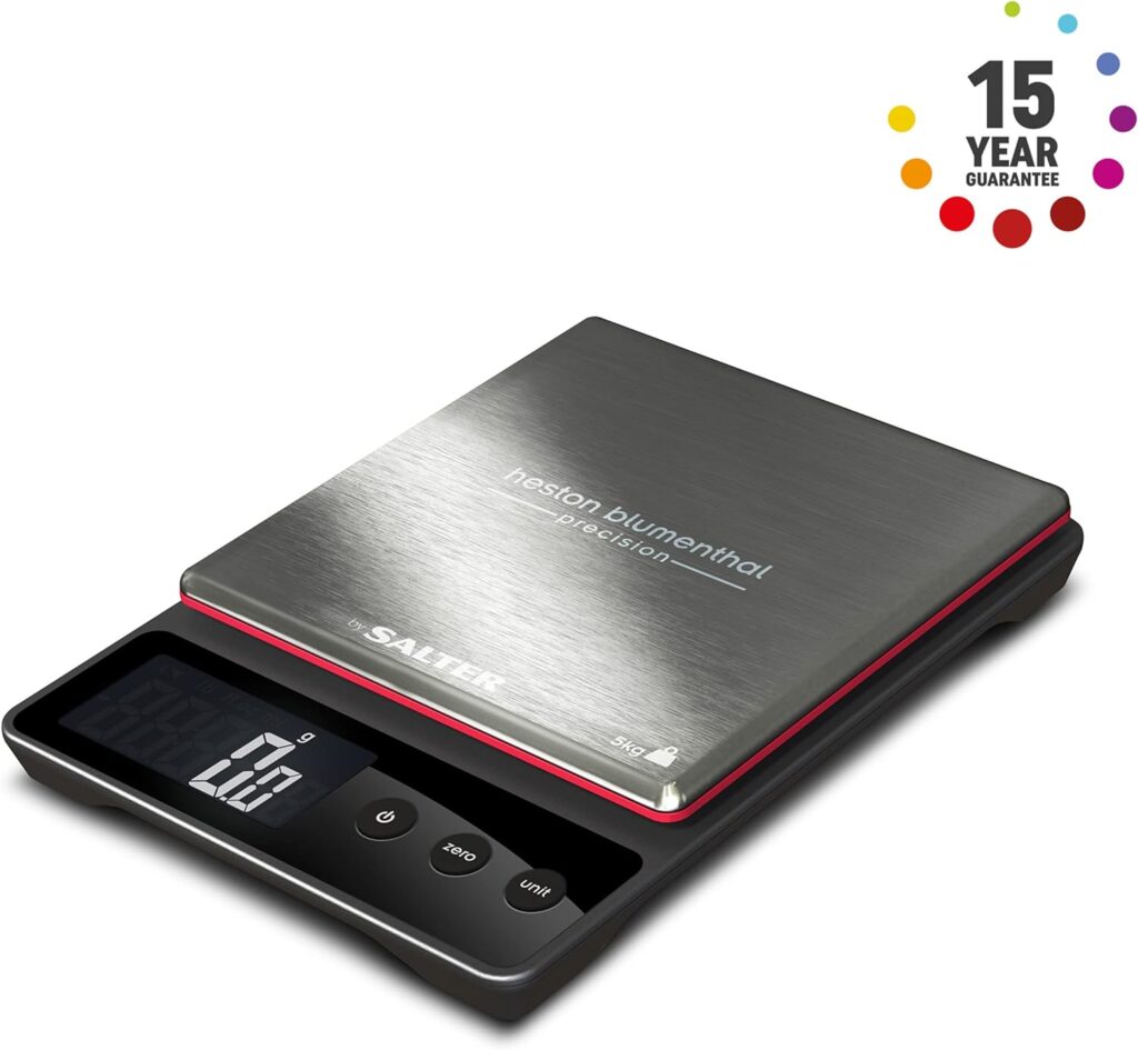 Heston Blumenthal Precision by Salter 1140A HBBKDR Digital Kitchen Scales - Premium Precision Bakers/Chef Scale, For Weighing Food/Coffee And Liquid, 0.5 g Increments, Slim, Stainless Steel/Black