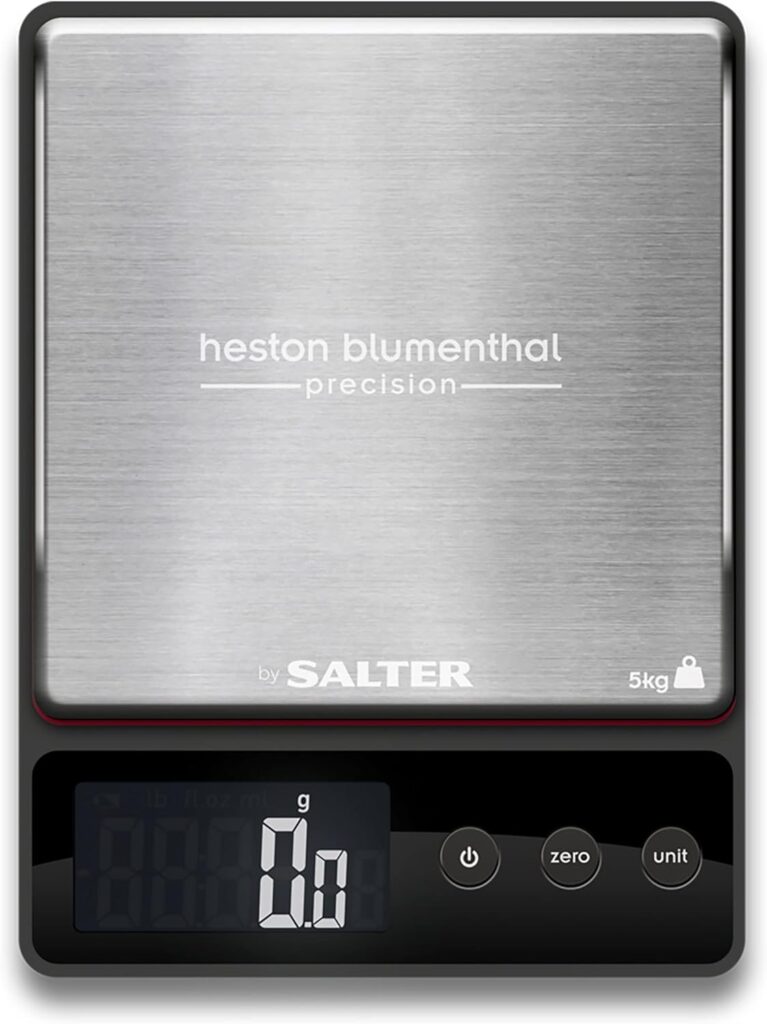 Heston Blumenthal Precision by Salter 1140A HBBKDR Digital Kitchen Scales - Premium Precision Bakers/Chef Scale, For Weighing Food/Coffee And Liquid, 0.5 g Increments, Slim, Stainless Steel/Black