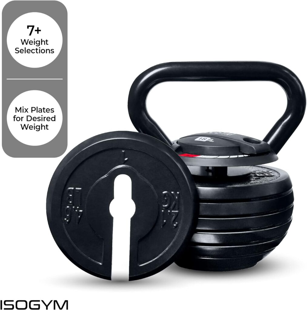 ISOGYM Adjustable Kettlebell 3-18kg Kettlle Bell Weight Set (Quick Safe Locking Mechanism) 7+ Selectable Weight Selections