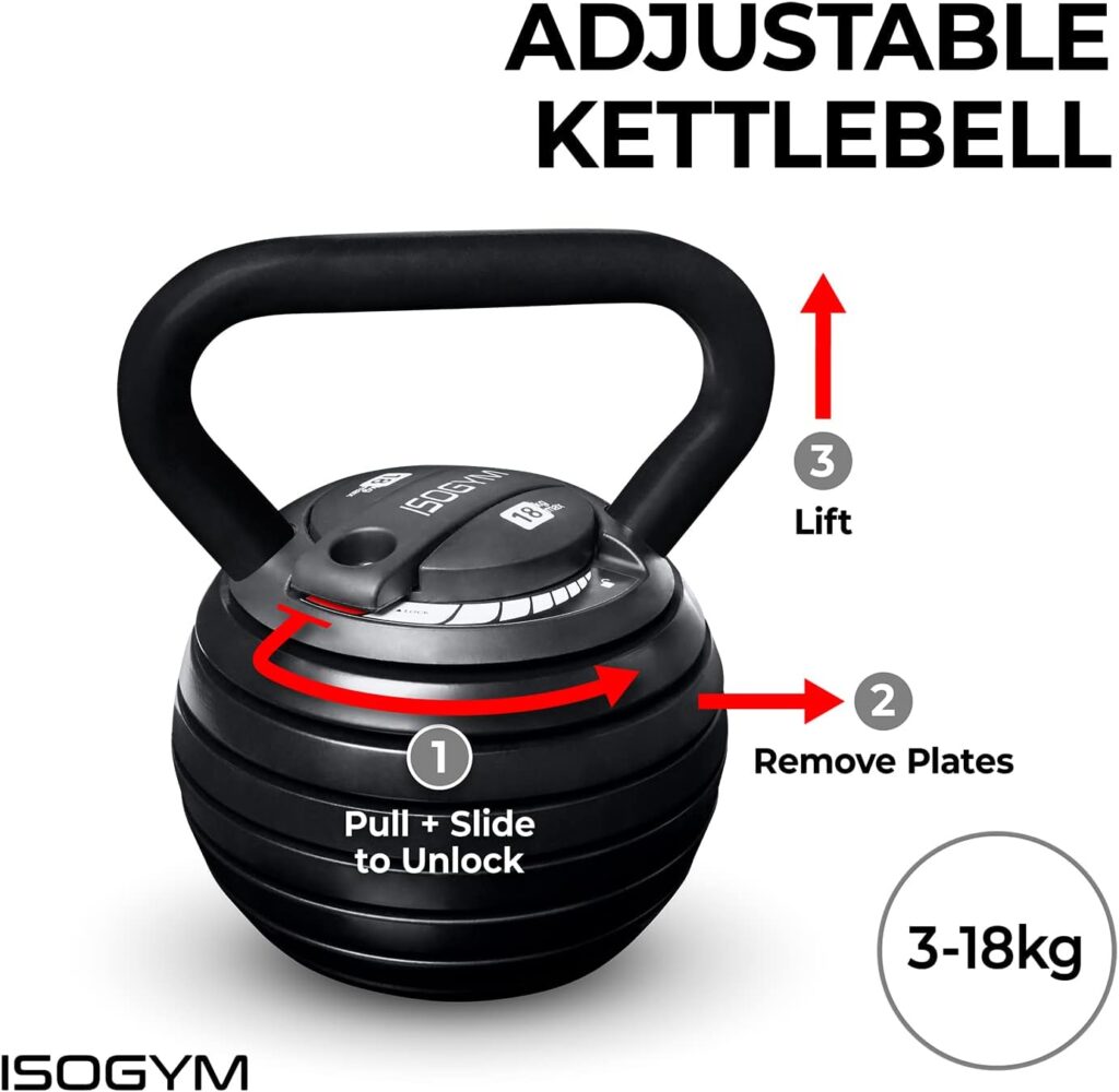 ISOGYM Adjustable Kettlebell 3-18kg Kettlle Bell Weight Set (Quick Safe Locking Mechanism) 7+ Selectable Weight Selections