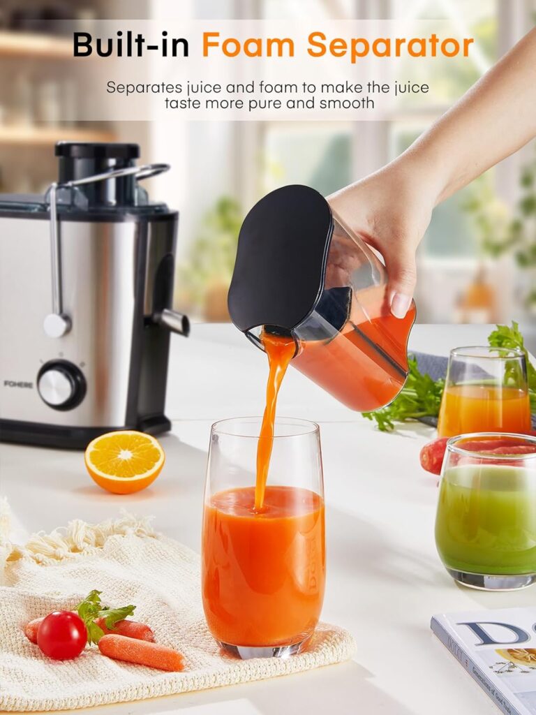 Juicer Machines FOHERE, 600W Juicers Whole Fruit and Vegetable, Fruit Juicer Machine with Anti-Drip Spout, 2 Speeds, Juice Booklet, Brush for Easy Cleaning, BPA-Free [Energy Class A+++]