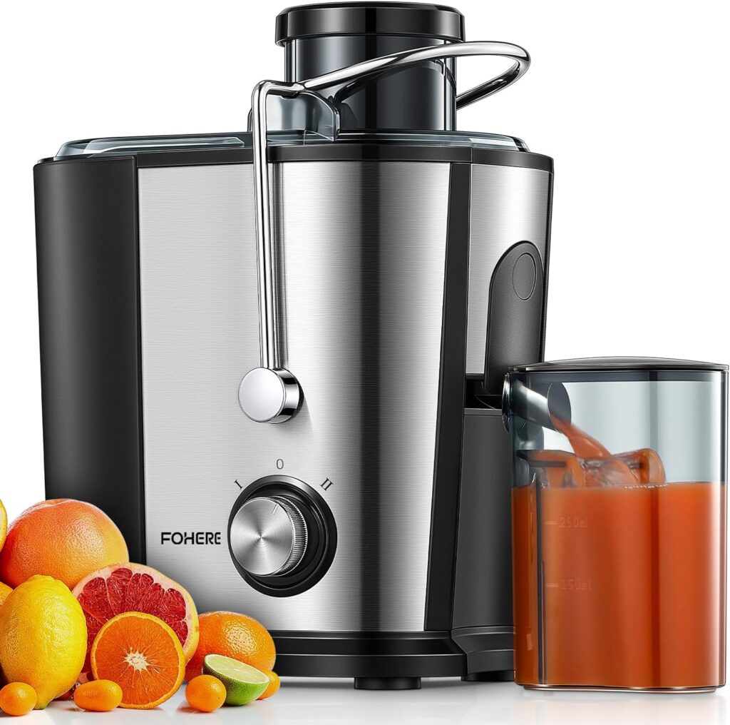 Juicer Machines FOHERE, 600W Juicers Whole Fruit and Vegetable, Fruit Juicer Machine with Anti-Drip Spout, 2 Speeds, Juice Booklet, Brush for Easy Cleaning, BPA-Free [Energy Class A+++]