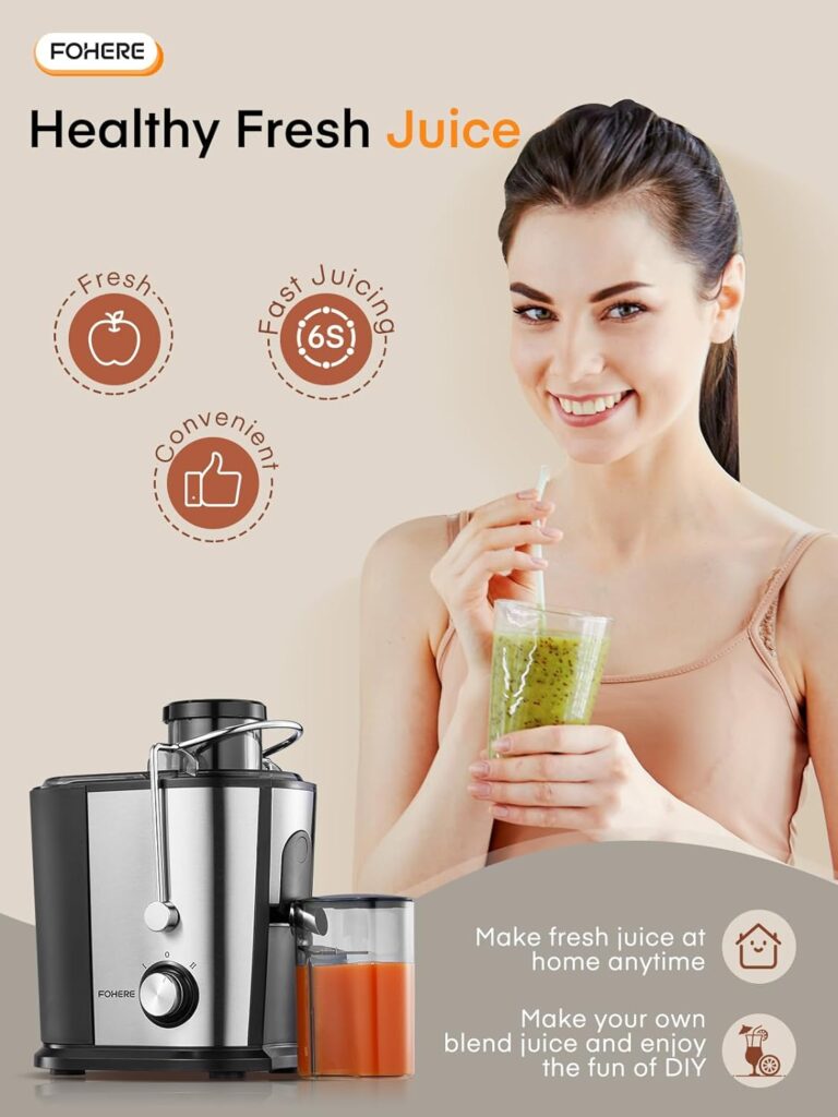 Juicer Machines FOHERE, 600W Juicers Whole Fruit and Vegetable, Fruit Juicer Machine with Anti-Drip Spout, 2 Speeds, Juice Booklet, Brush for Easy Cleaning, BPA-Free [Energy Class A+++]