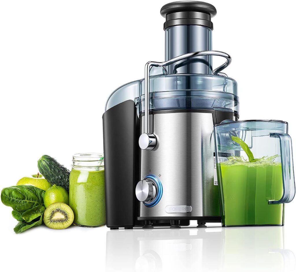 Juicer Machines, FOHERE 800W Juicer Whole Fruit and Vegetables, Quick Juicing Easy to Clean, 75MM Large Feed Chute, Dual Speed Setting and Non-Slip Feet, Silver