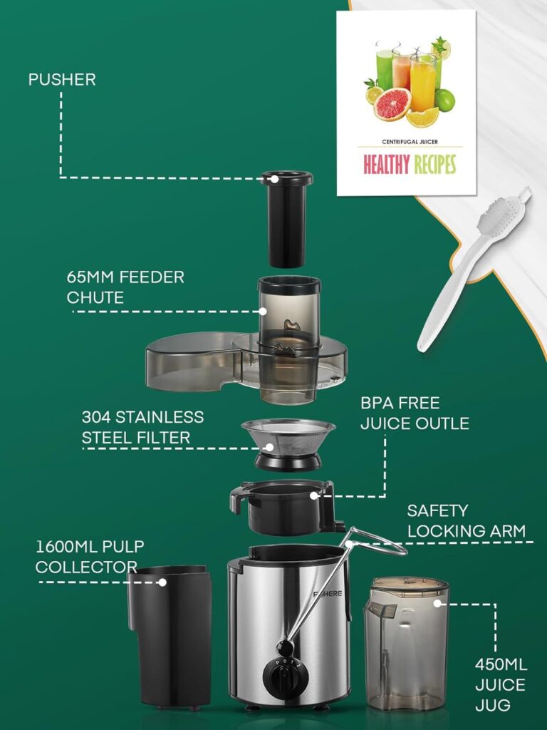 Juicer Machines, FOHERE Juicer Whole Fruit and Vegetables with 3-Speed Setting, Upgraded Version 400 W Motor Quick Juicing, Cleaning Brush and Juicing Recipe Included