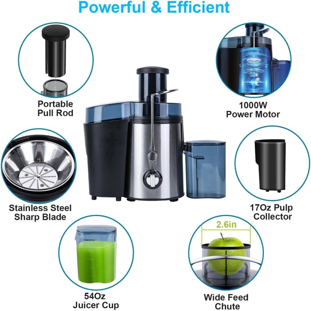 Juicer Machines,1000W Whole Fruit and Vegetable Juice Extractor, Centrifugal Juicer Machine, Stainless Steel Portable Smart Juicer,BPA-Free, Easy to Clean (Silver)