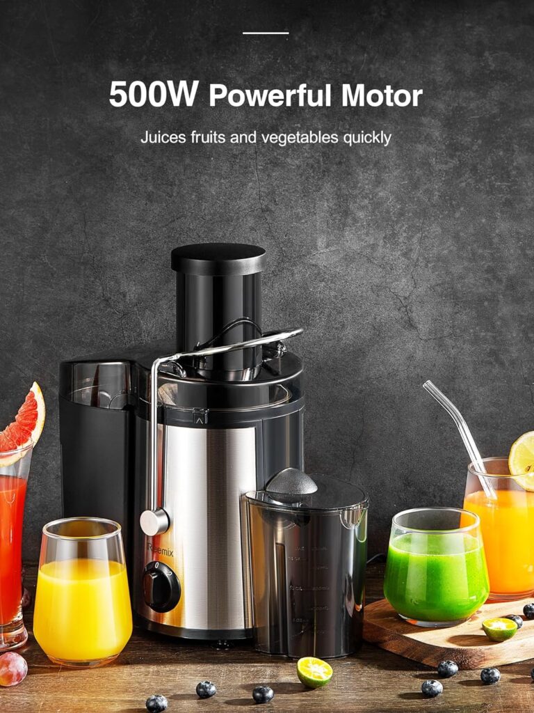 Juicer, Reemix Centrifugal Juicer Machines Whole Fruit and Vegetable 500W, 3-inch Wide Mouth Juicer Extractor with 2 Speeds, Brush Included Easy to Clean, Recipe Included