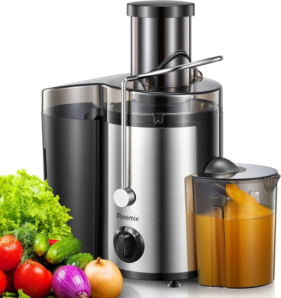 Juicer, Reemix Centrifugal Juicer Machines Whole Fruit and Vegetable 500W, 3-inch Wide Mouth Juicer Extractor with 2 Speeds, Brush Included Easy to Clean, Recipe Included