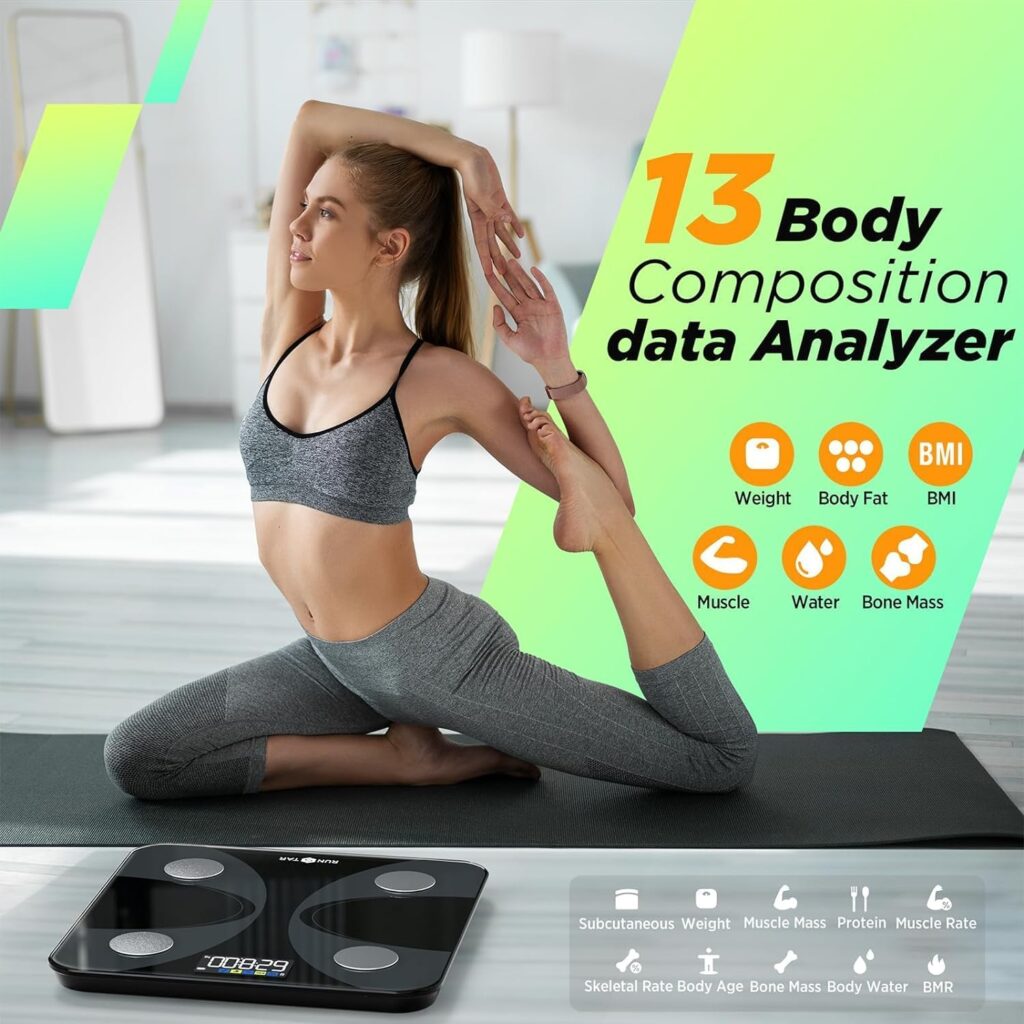 Runstar Scales For Body Weight, Digital Bathroom Scales High Accuracy Weighing Scales with Color Display for BMI Body Fat 13 Body Composition Analyzer Sync with Fitness App