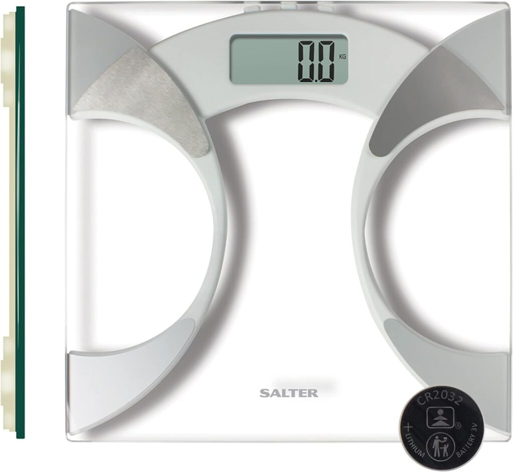 Salter 9141 WH3R Digital Glass Analyser Scale - Ultra Slim Bathroom Scale, Measure Weight, Body Fat, Water BMI, 160KG Max Capacity, 4 User Memory, Tap To Start, Includes Carpet Feet Battery