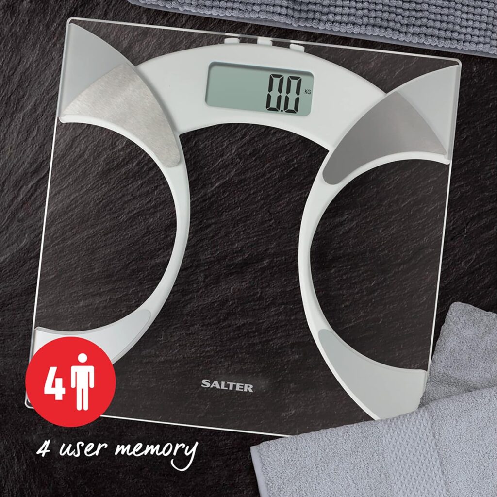 Salter 9141 WH3R Digital Glass Analyser Scale - Ultra Slim Bathroom Scale, Measure Weight, Body Fat, Water BMI, 160KG Max Capacity, 4 User Memory, Tap To Start, Includes Carpet Feet Battery