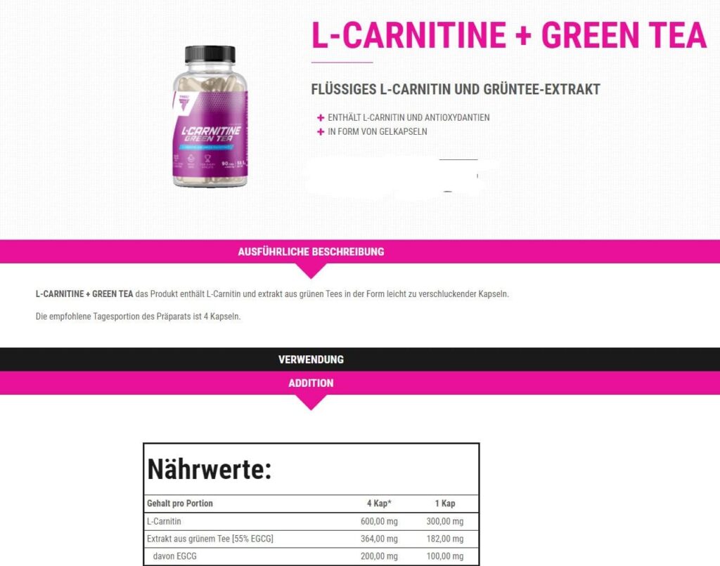 TREC Nutrition L-CARNITINE + Green Tea Extract - 90 Capsules - High Strength - Weight Loss Fat Burner - Slimming Muscle Definition