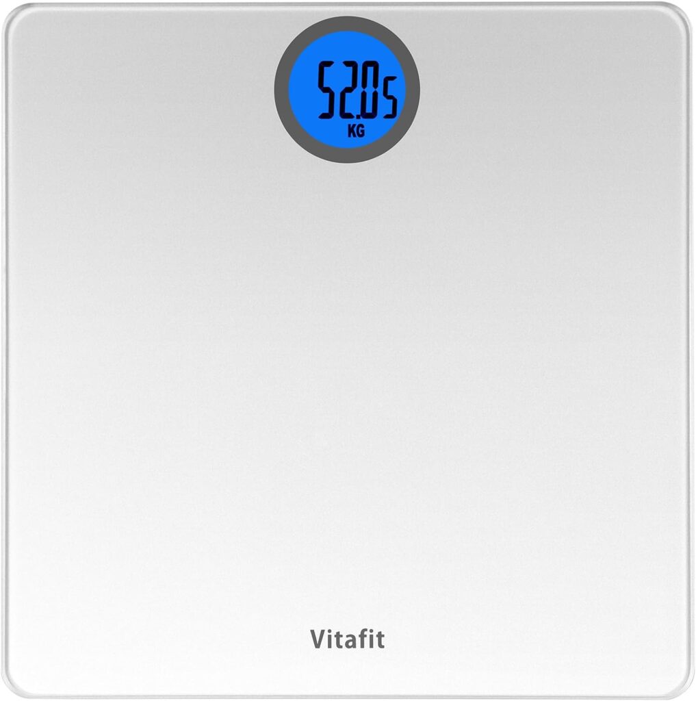 Vitafit Digital Bathroom Scales for Body Weight, Weighing Scales with Step-On Technology, LCD Display(Stone/kgs/lbs),Tempered Glass Silver